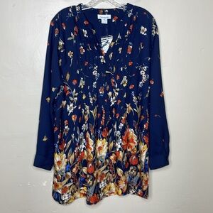 SERENGETI Blue Floral Tunic Blouse Partial Button Pin-tuck Pleats New NWOT XL